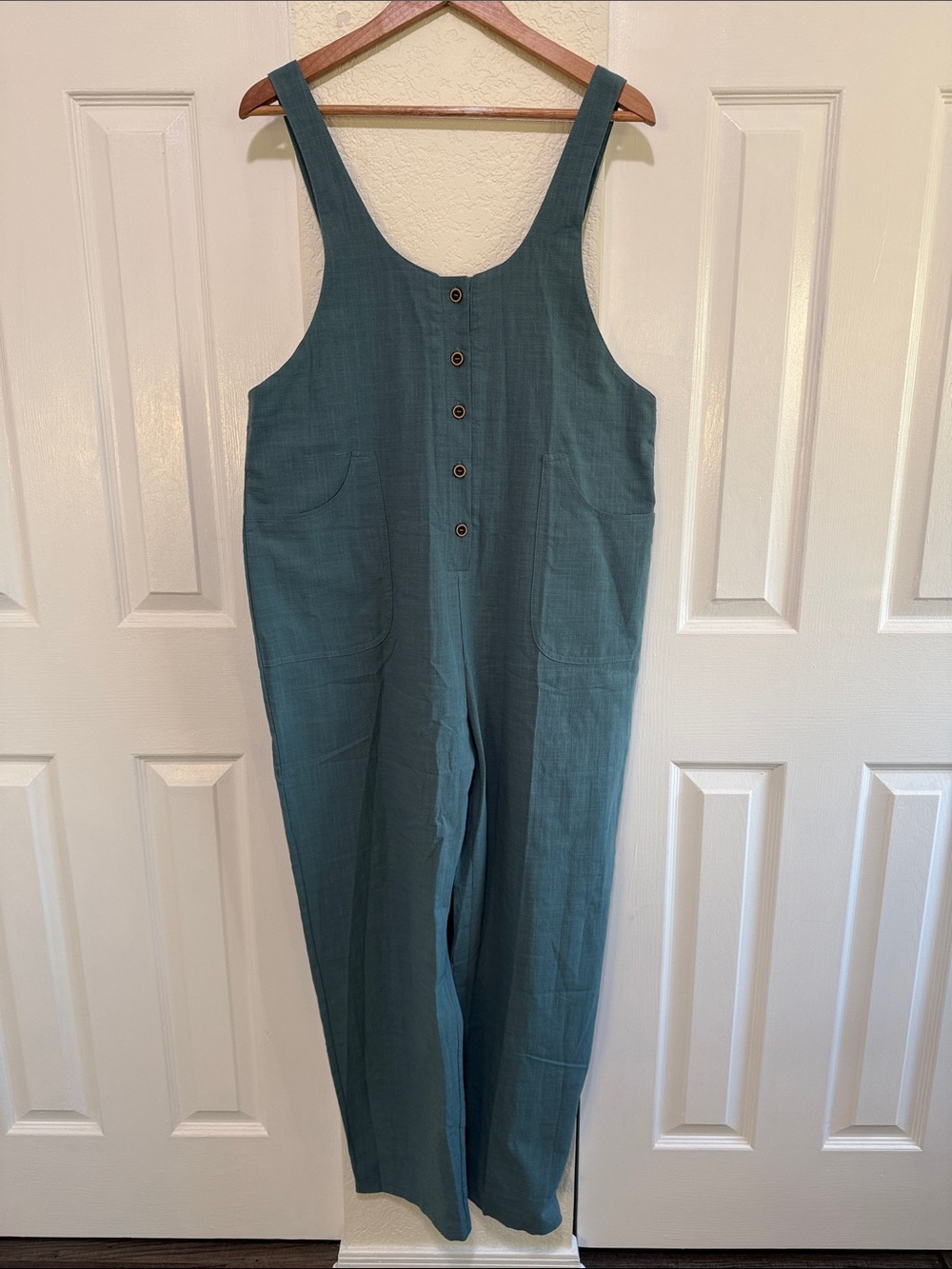 Button-Front Teal Wide-Strap Jumpsuit